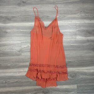 Victoria’s Secret Burnt Orange Sheer Slip Dress Lace Ruffle Trim Size XL